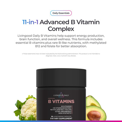 Livingood Daily Vitamin B Complex Capsules for Men and Women, Methylated B12 & Folate, 11 Active Forms Including B1 B2 B3 B5 B6 & Biotin, Gluten Free - PrimeBioHealth - canada supplements