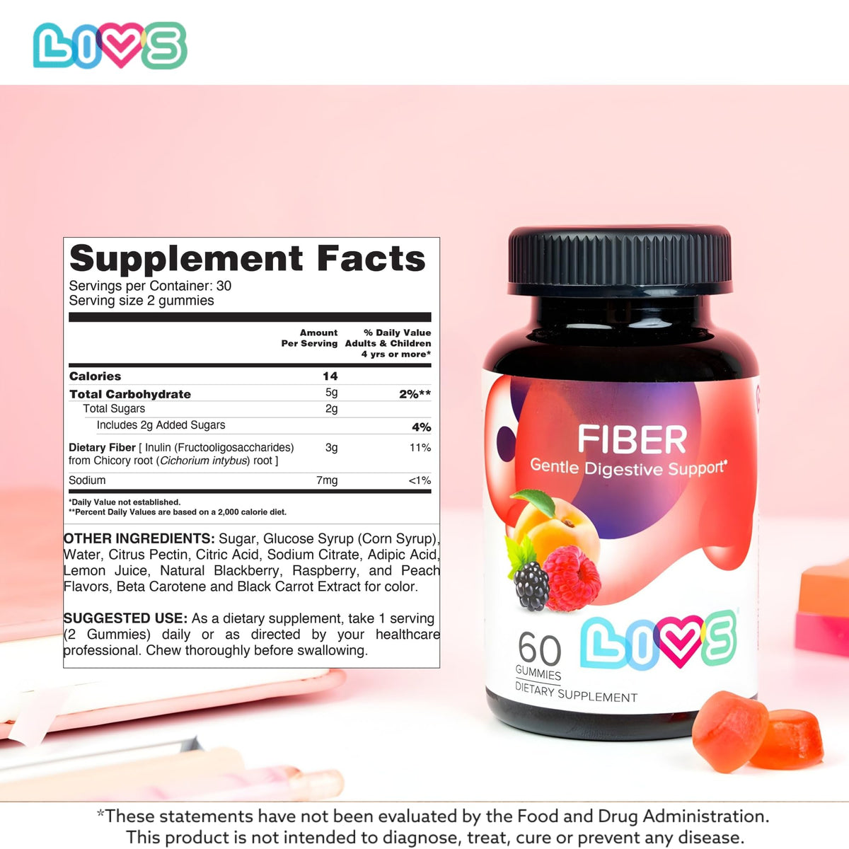 LIVS Fiber Gummies for Adults – Promote Digestive Support & Regularity | Gut Health & Smooth Digestion | Plant-Based Prebiotic | Non-GMO Fiber Supplement - PrimeBioHealth - canada supplements