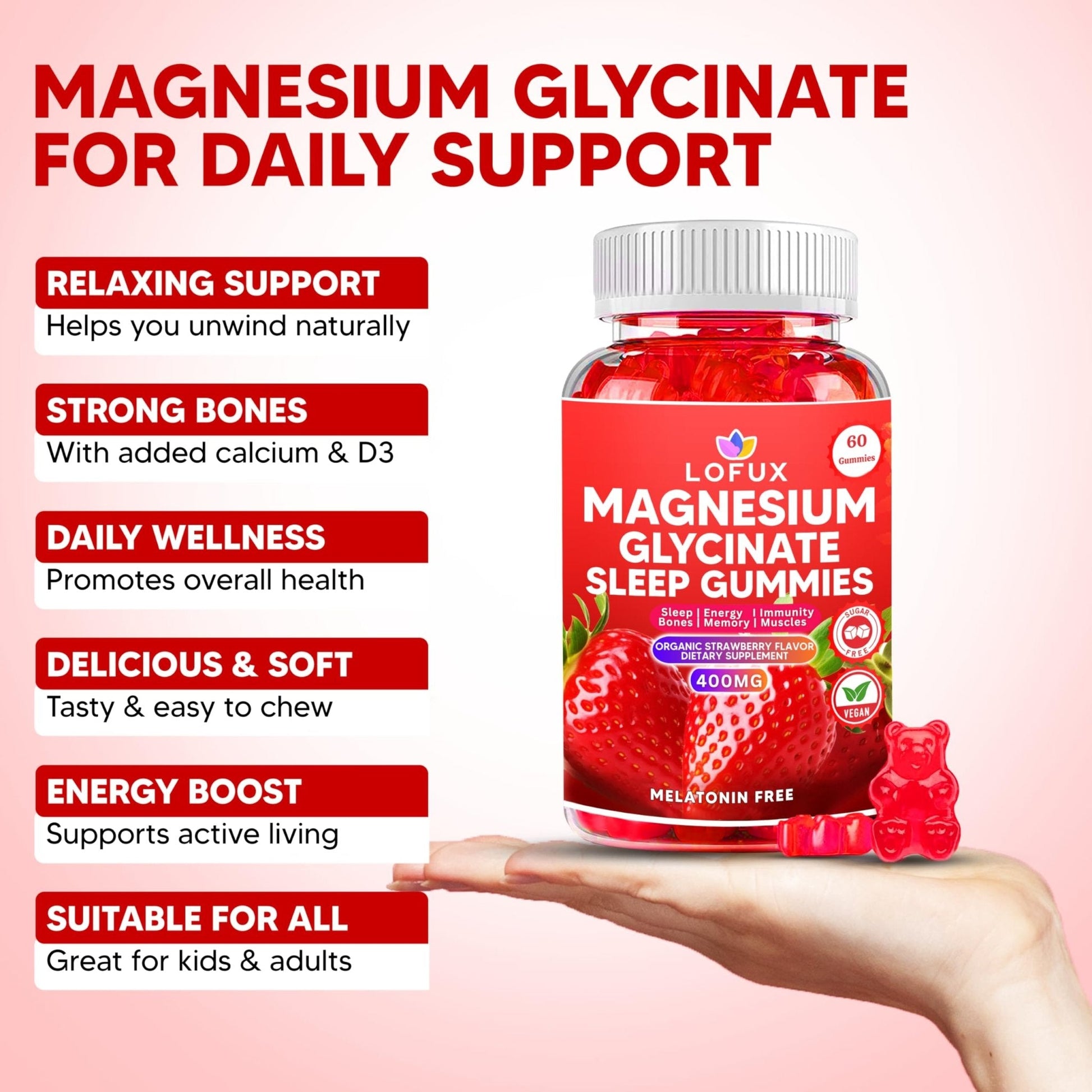 Lofux Magnesium Glycinate Gummies 400mg, Sugar Free Magnesium Gummies for Adults Women, Men, Chewable Supplement Gummy with L-Threonate, Vitamin D, B6, CoQ10 - PrimeBioHealth - canada supplements