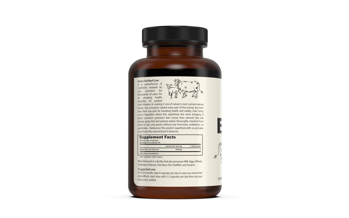 Lonvera Grass Fed Beef Liver Capsules for Women and Men – 3000mg Freeze Dried Desiccated Organs – Nutrient Source for Joints, Bones, Hair, Skin - PrimeBioHealth - canada supplements