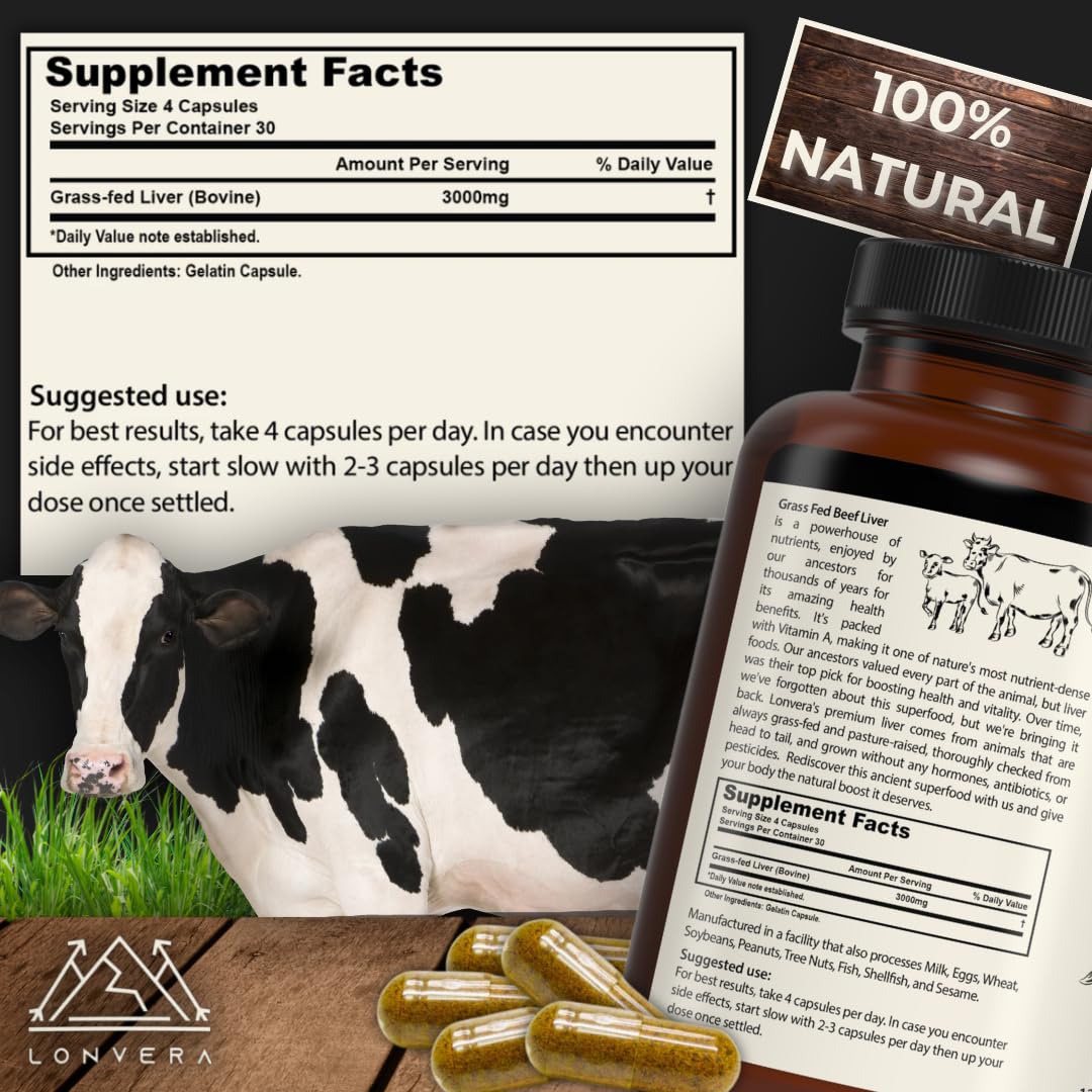 Lonvera Grass Fed Beef Liver Capsules for Women and Men – 3000mg Freeze Dried Desiccated Organs – Nutrient Source for Joints, Bones, Hair, Skin - PrimeBioHealth - canada supplements
