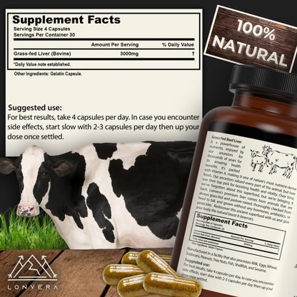 Lonvera Grass Fed Beef Liver Capsules for Women and Men – 3000mg Freeze Dried Desiccated Organs – Nutrient Source for Joints, Bones, Hair, Skin - PrimeBioHealth - canada supplements