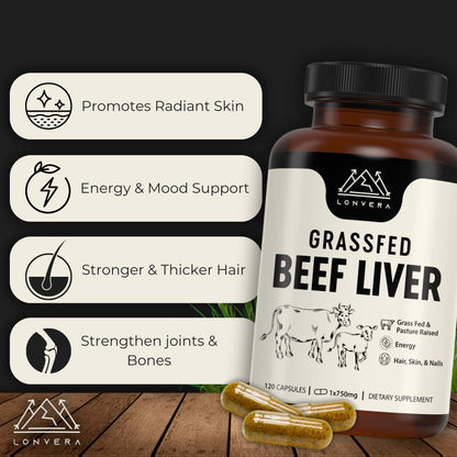 Lonvera Grass Fed Beef Liver Capsules for Women and Men – 3000mg Freeze Dried Desiccated Organs – Nutrient Source for Joints, Bones, Hair, Skin - PrimeBioHealth - canada supplements