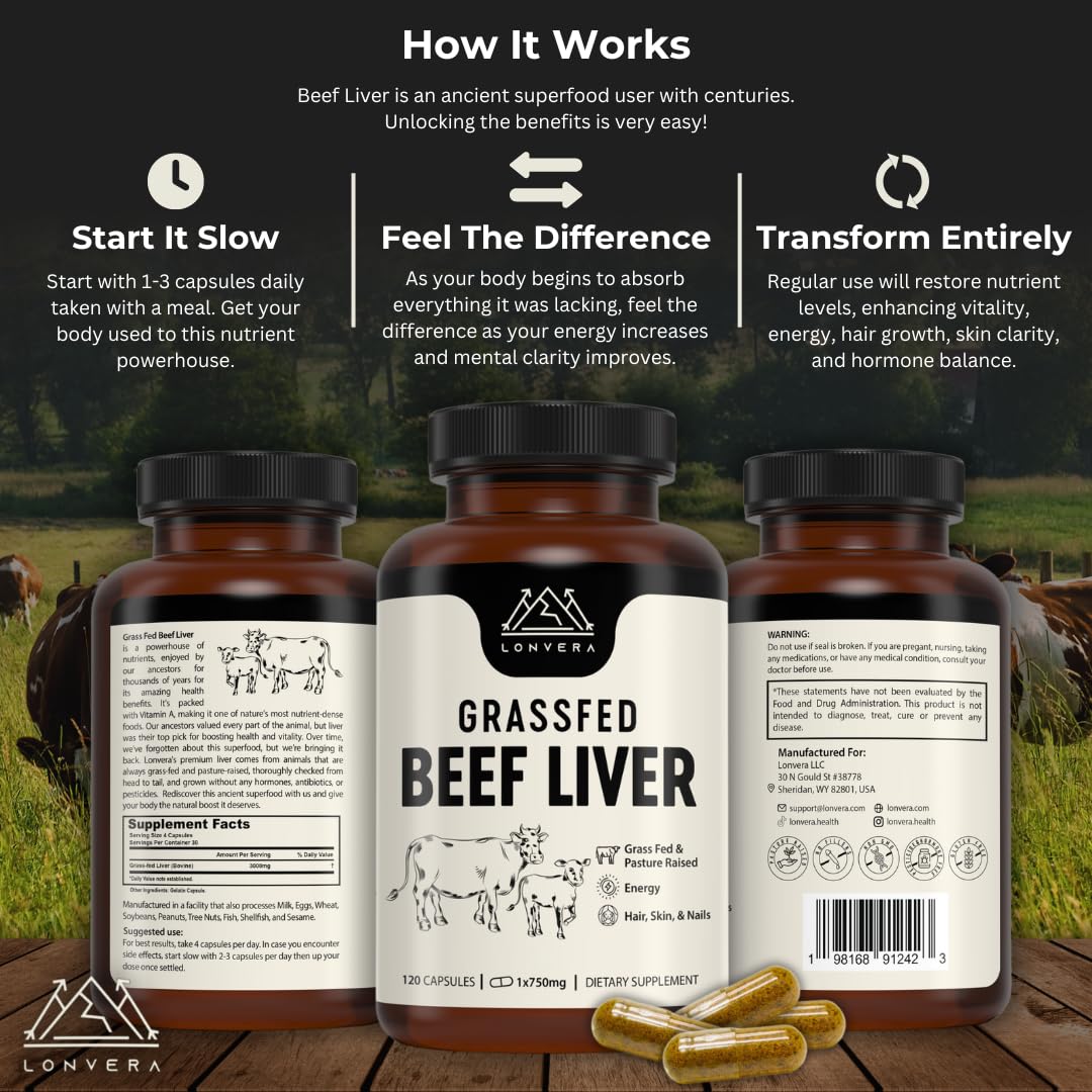 Lonvera Grass Fed Beef Liver Capsules for Women and Men – 3000mg Freeze Dried Desiccated Organs – Nutrient Source for Joints, Bones, Hair, Skin - PrimeBioHealth - canada supplements