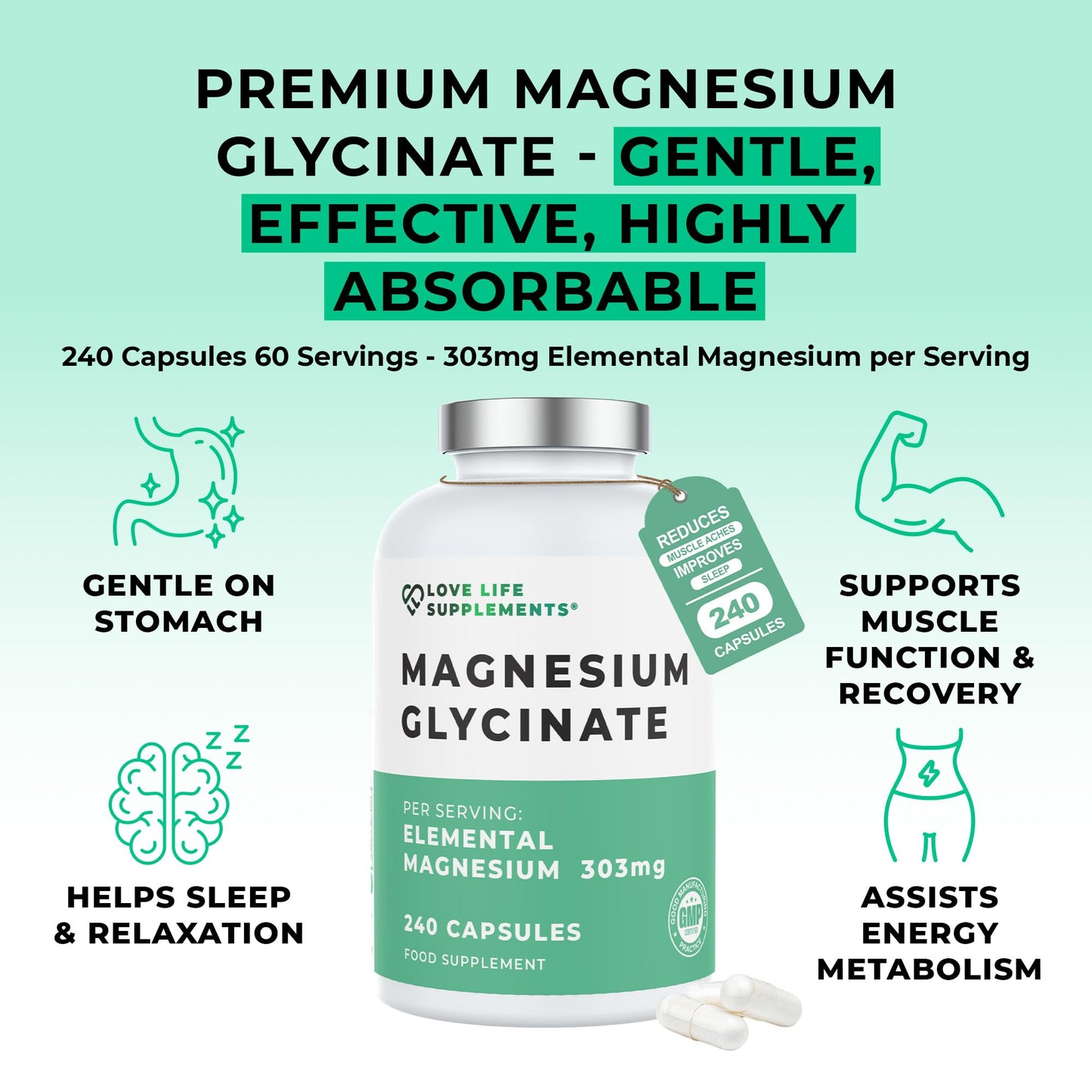 Love Life Supplements Pure Magnesium Glycinate (Bisglycinate), 240 Vegan Capsules, 2 Month Supply, High Strength 300mg Elemental - PrimeBioHealth - canada supplements
