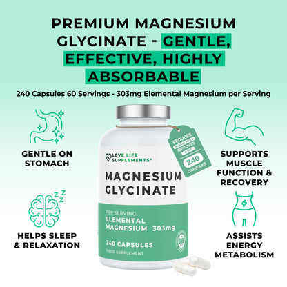 Love Life Supplements Pure Magnesium Glycinate (Bisglycinate), 240 Vegan Capsules, 2 Month Supply, High Strength 300mg Elemental - PrimeBioHealth - canada supplements