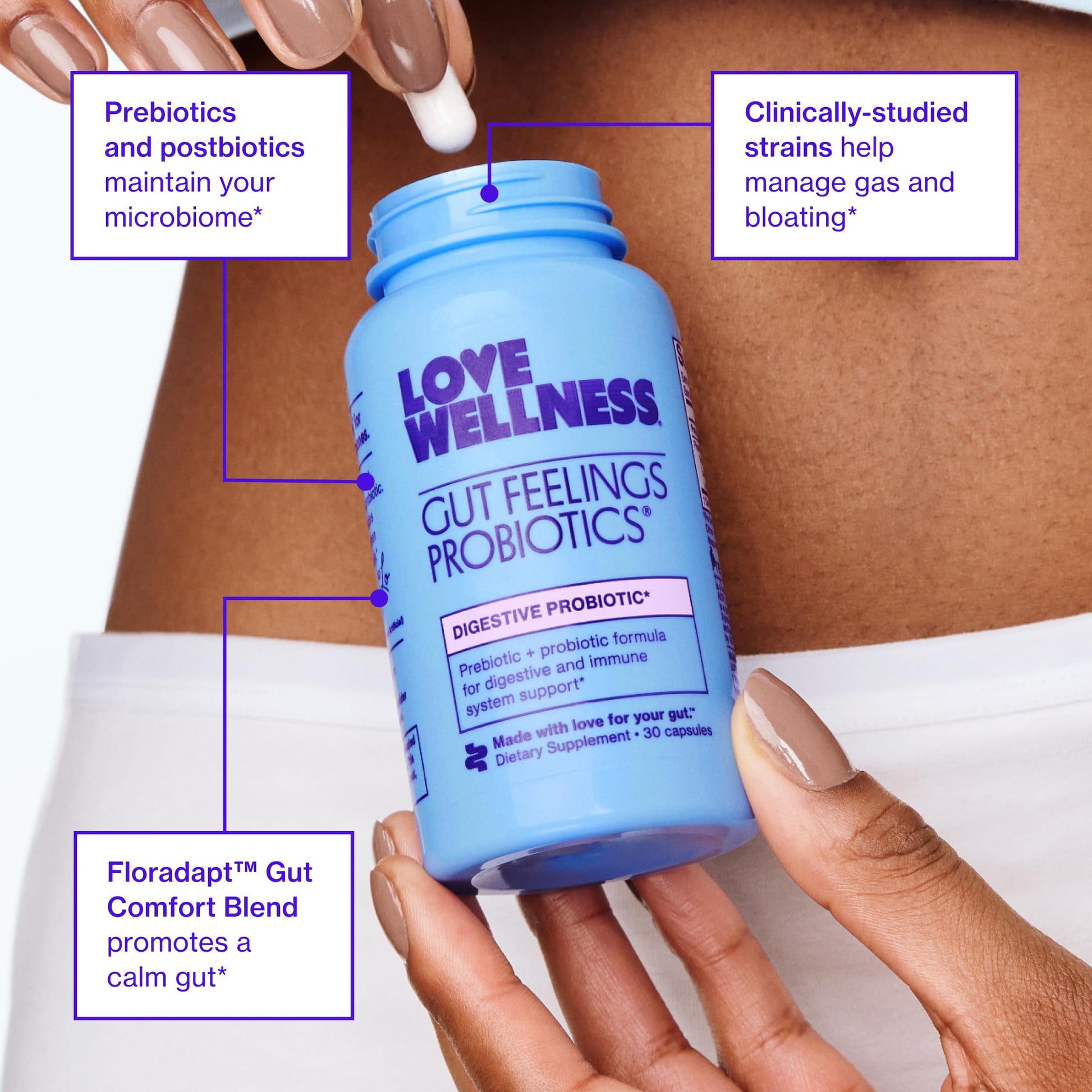 Love Wellness Gut Feelings Probiotic | Gut Health for Women, Digestion Relief & Immune Support Supplement | Womens Probiotic for Gas Relief | 3 Billion CFU | Safe Prebiotic and Postbiotic | 30 Count - PrimeBioHealth - canada supplements