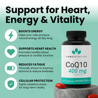Luma Nutrition CoQ10 400mg Softgels - High-Absorption Coenzyme Q10 - Co Q-10 200mg / 400mg Per Serving - Heart Health - 60 Liquid Softgels - PrimeBioHealth - canada supplements