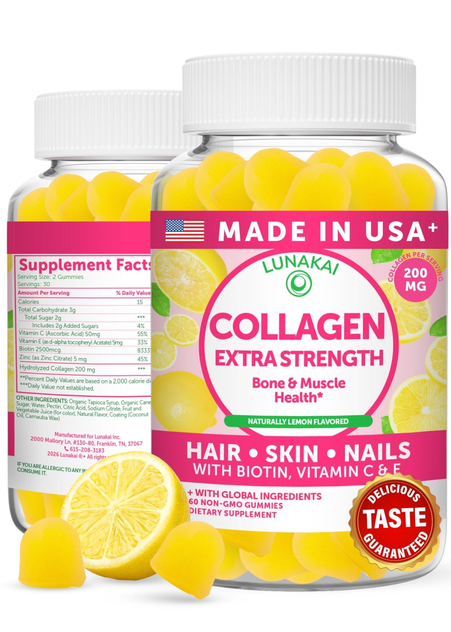 Lunakai USA Made Collagen Peptides Gummies - 200mg Non-GMO Anti-Aging Formula with Biotin, Zinc, Vitamins C - PrimeBioHealth - canada supplements