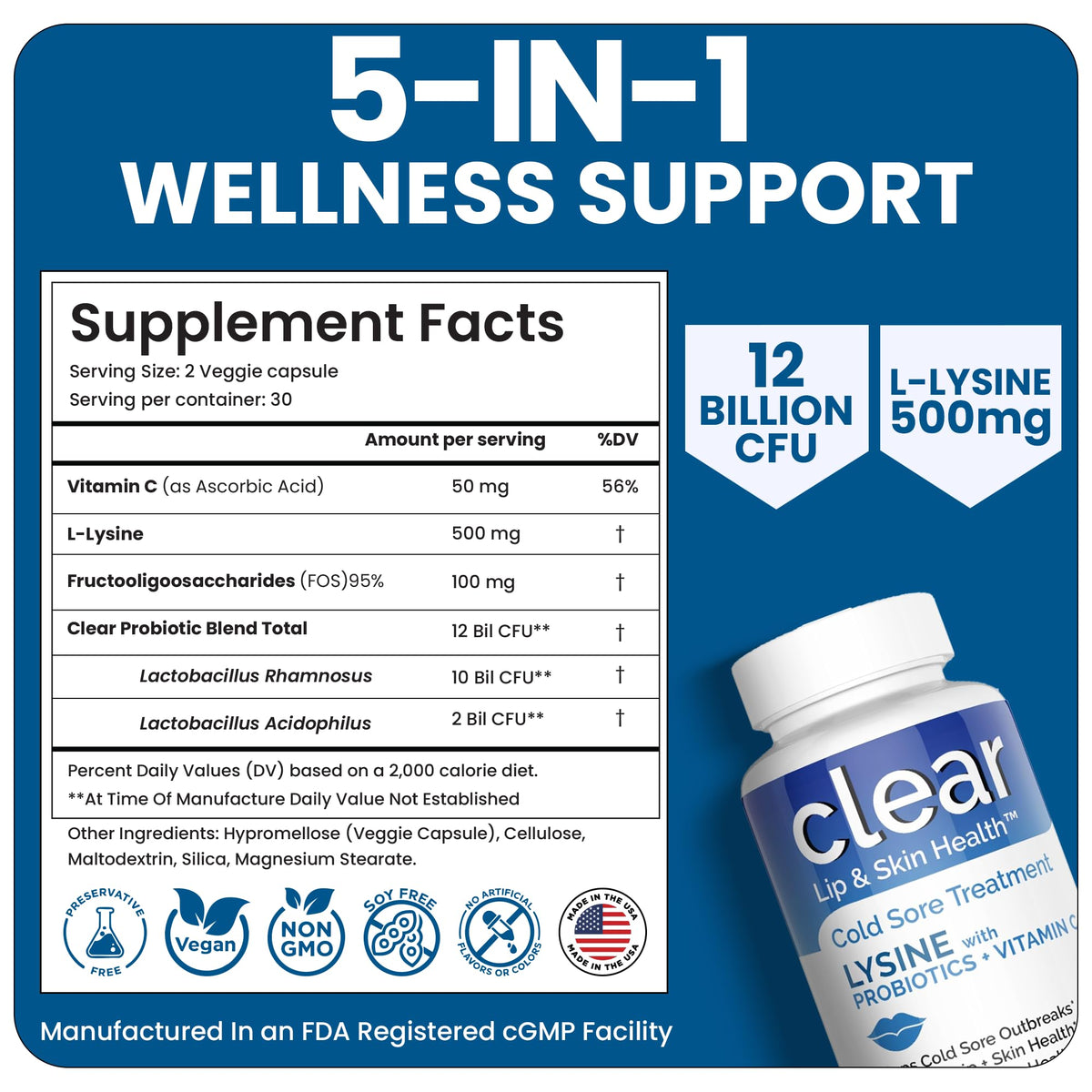 Lysine Cold Sore Treatment for Lips with Pre-Probiotics & VIT C | 1 Month Supply | Supercharged Lysine Capsules with Rhamnosus & Acidophilus for Cold Sores Relief - PrimeBioHealth - canada supplements
