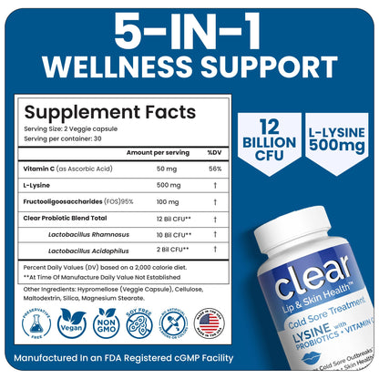 Lysine Cold Sore Treatment for Lips with Pre-Probiotics & VIT C | 1 Month Supply | Supercharged Lysine Capsules with Rhamnosus & Acidophilus for Cold Sores Relief - PrimeBioHealth - canada supplements