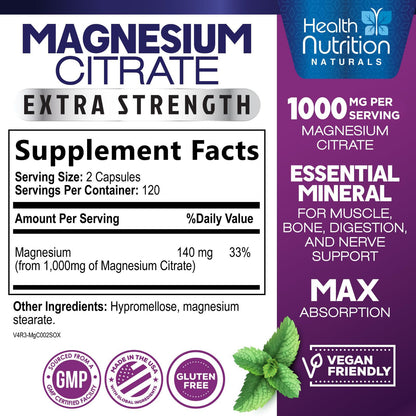 Magnesium Citrate 1000mg Per Serving - Max Absorption Magnesium Powder Capsules for Muscle, Nerve, Bone and Heart Health Support, High Absorption Citrate Complex - PrimeBioHealth - canada supplements
