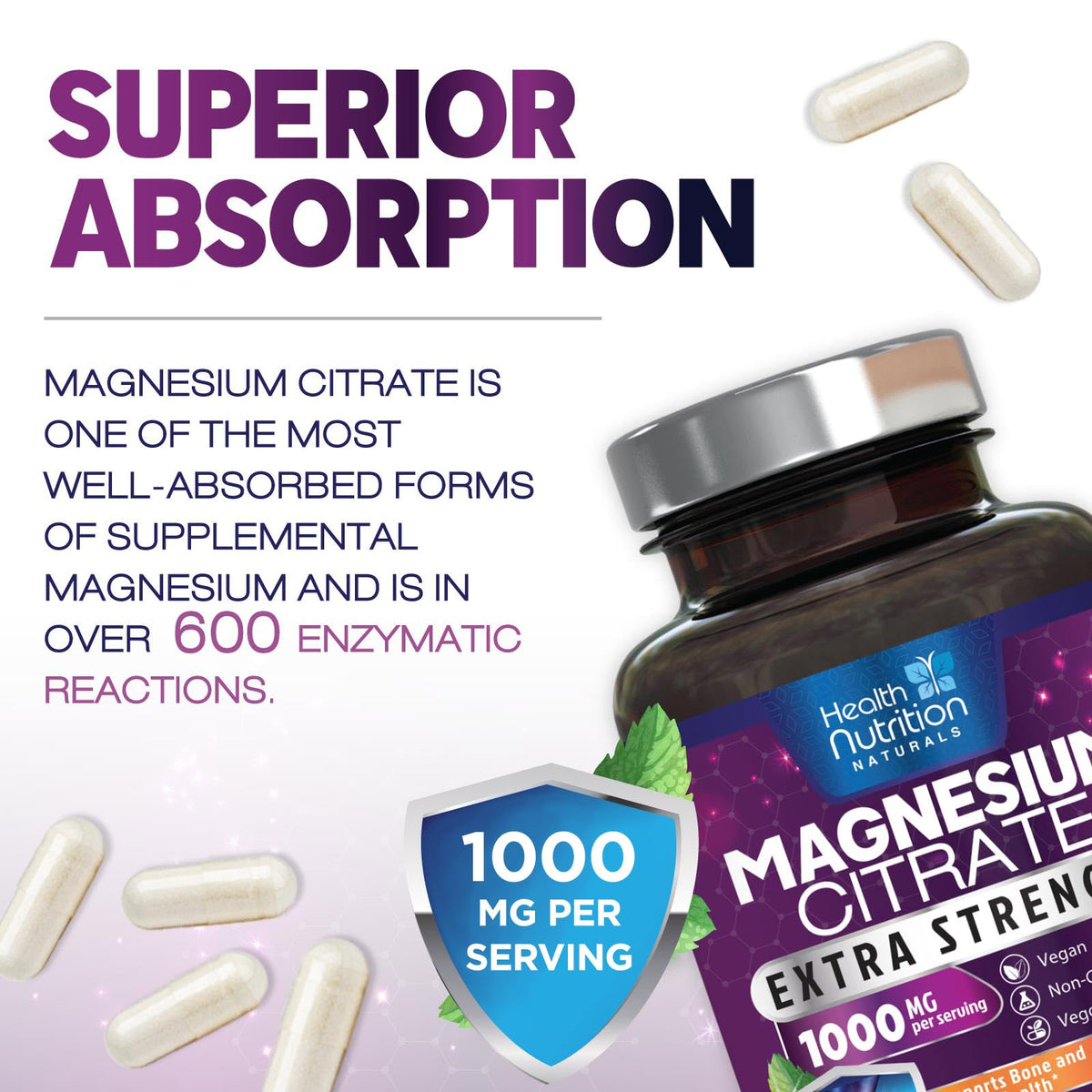 Magnesium Citrate 1000mg Per Serving - Max Absorption Magnesium Powder Capsules for Muscle, Nerve, Bone and Heart Health Support, High Absorption Citrate Complex - PrimeBioHealth - canada supplements