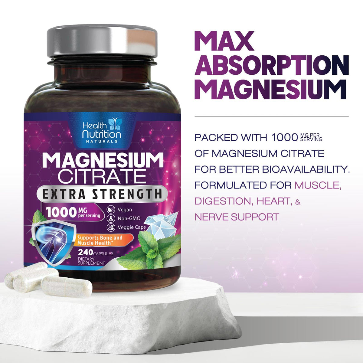 Magnesium Citrate 1000mg Per Serving - Max Absorption Magnesium Powder Capsules for Muscle, Nerve, Bone and Heart Health Support, High Absorption Citrate Complex - PrimeBioHealth - canada supplements