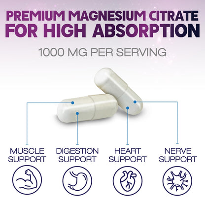 Magnesium Citrate 1000mg Per Serving - Max Absorption Magnesium Powder Capsules for Muscle, Nerve, Bone and Heart Health Support, High Absorption Citrate Complex - PrimeBioHealth - canada supplements