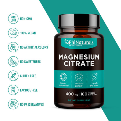 Magnesium Citrate Powder Capsules 400mg - 180 Count Veg Caps - PhiNaturals Supplements - Nervous System Support and Enzyme Function - PrimeBioHealth - canada supplements