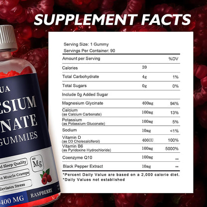 Magnesium Glycinate 400mg Gummies, Sugar Free Magnesium Gummies with Vitamins D, B6 for Sleep Support, - PrimeBioHealth - canada supplements