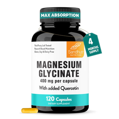 Magnesium Glycinate 400mg High Absorption Capsules with Quercetin | Quality Sleep, Relaxation & Muscle Health Supplement for Women and Men | Chelated Magnesium 120 Count - PrimeBioHealth - canada supplements