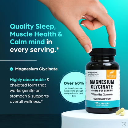 Magnesium Glycinate 400mg High Absorption Capsules with Quercetin | Quality Sleep, Relaxation & Muscle Health Supplement for Women and Men | Chelated Magnesium 120 Count - PrimeBioHealth - canada supplements