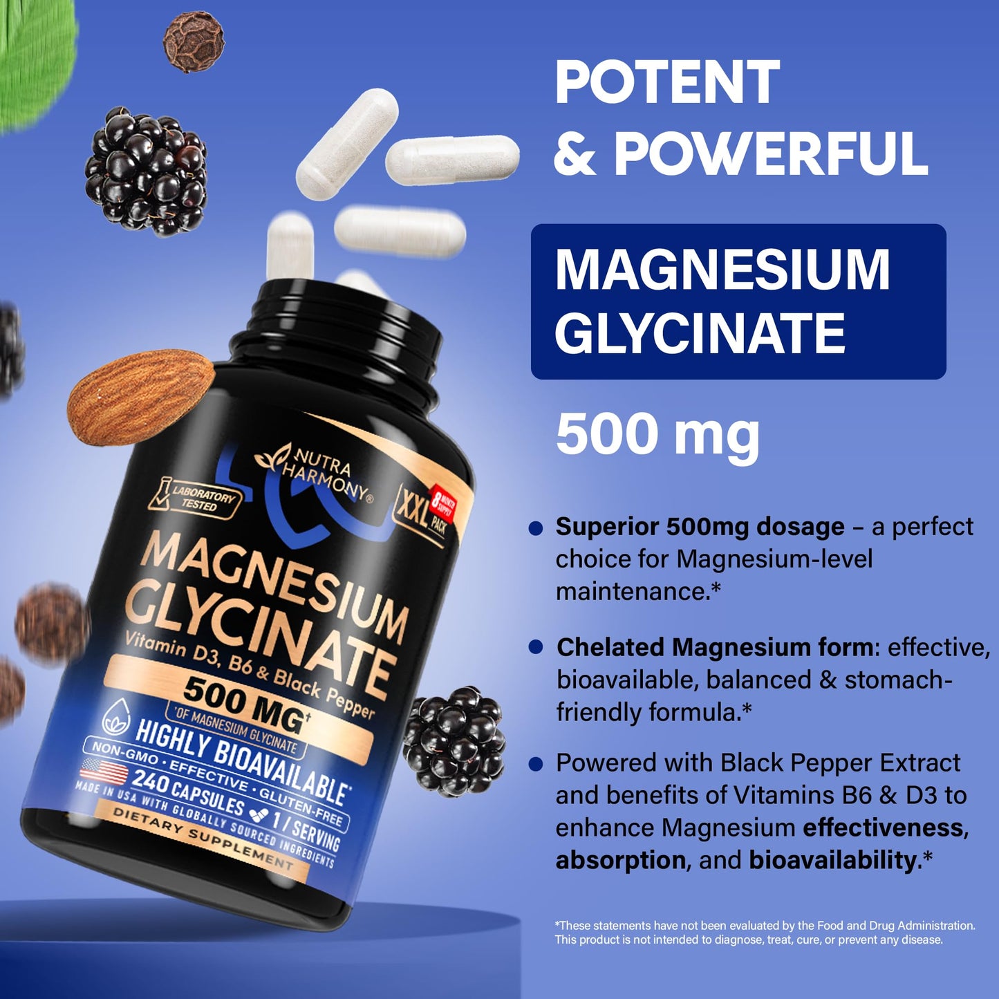 Magnesium Glycinate 500 mg - Chelated Supplement - High Absorption Form of Magnesium - Support for Sleep, Muscle & Heart Health - PrimeBioHealth - canada supplements