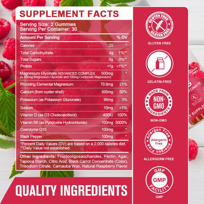Magnesium Glycinate Gummies 400 mg with 100 mg Composite magnesium - Chelated Magnesium Potassium Supplement with Vitamin D, B6 Supports Calm, Sleep, Memory & Muscle - PrimeBioHealth - canada supplements