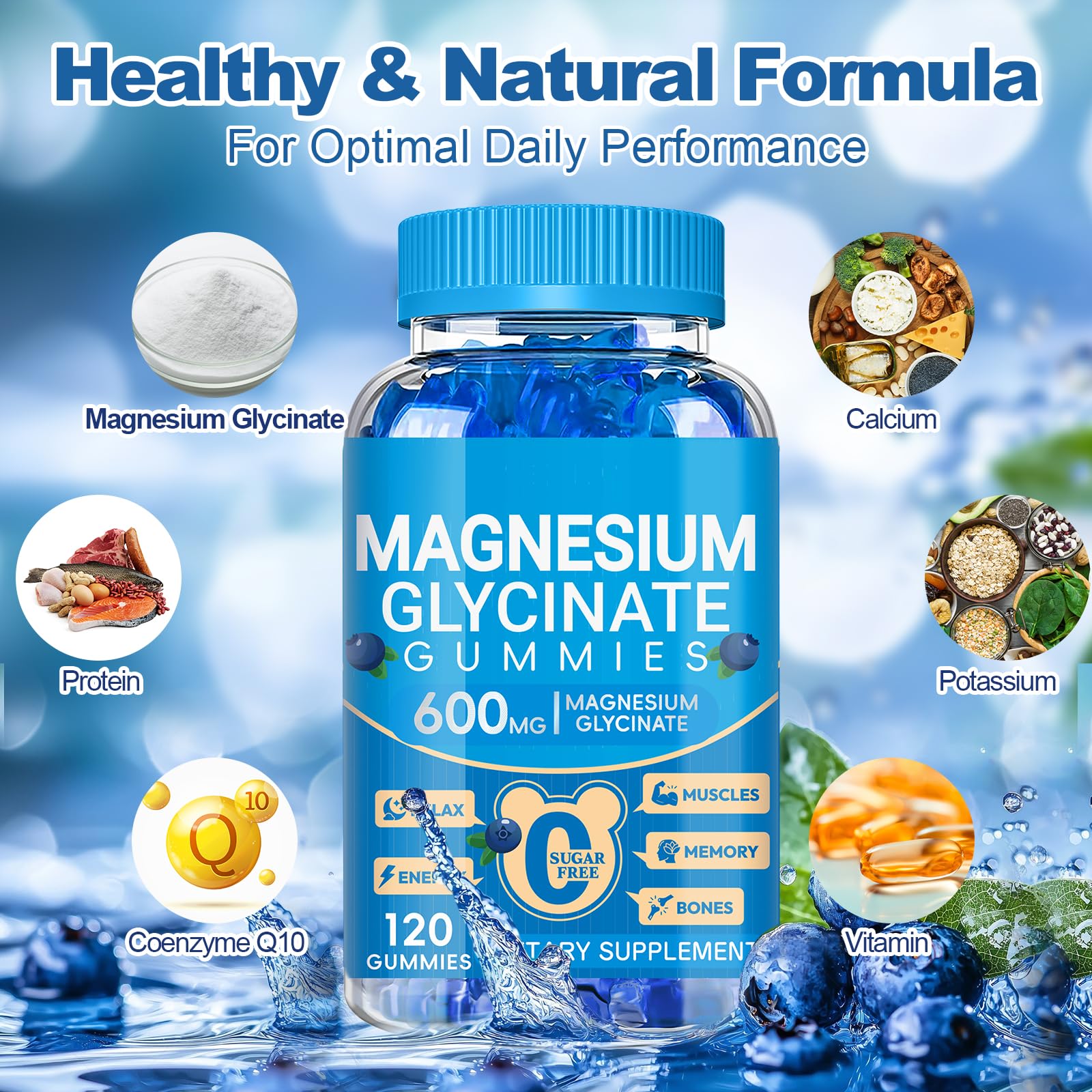 Magnesium Glycinate Gummies 600mg, Chewable Sugar Free Potassium Magnesium Gummies with Manganese Glycinate, Vitamin D, B6, and CoQ10 for Calm Suppor - PrimeBioHealth - canada supplements