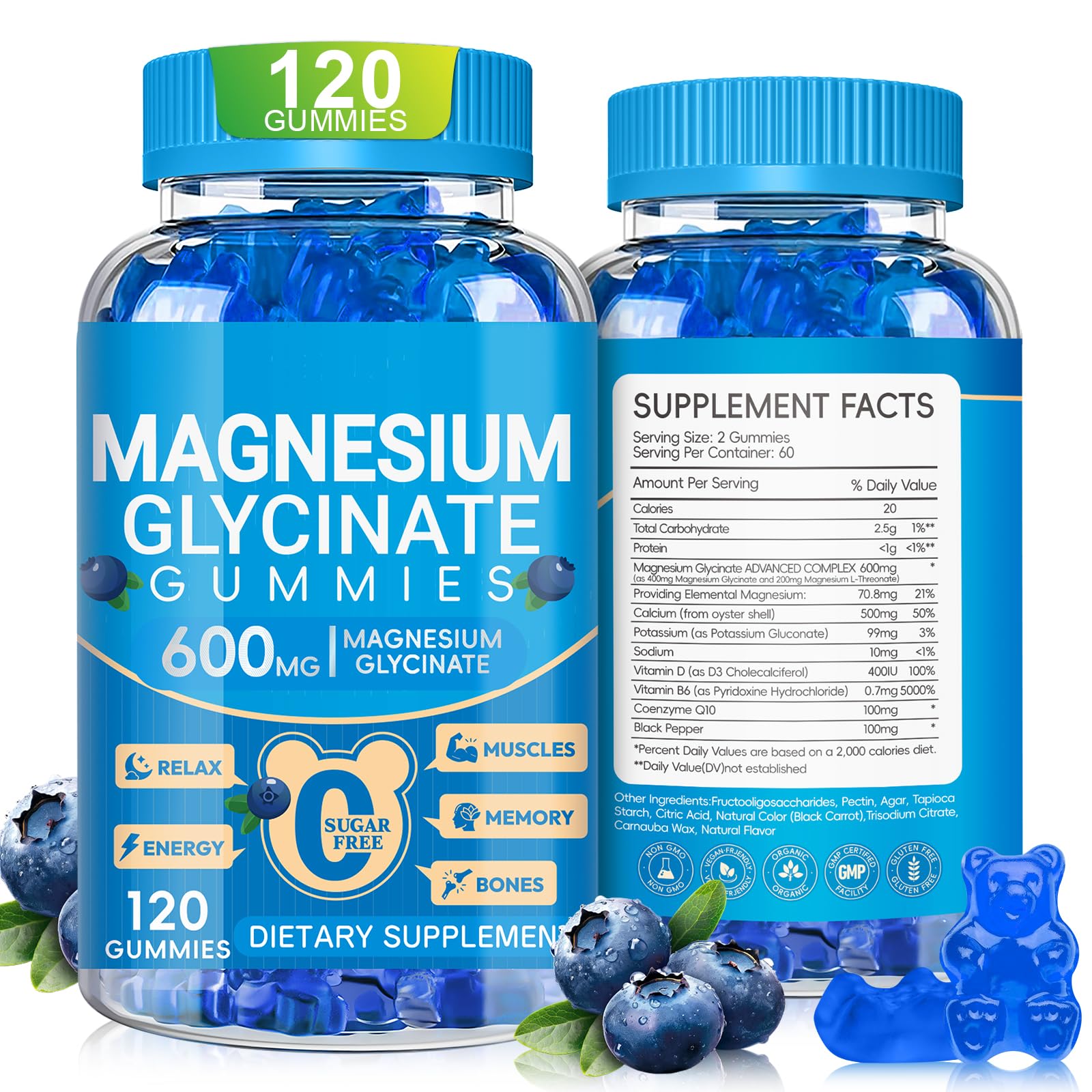 Magnesium Glycinate Gummies 600mg, Chewable Sugar Free Potassium Magnesium Gummies with Manganese Glycinate, Vitamin D, B6, and CoQ10 for Calm Suppor - PrimeBioHealth - canada supplements