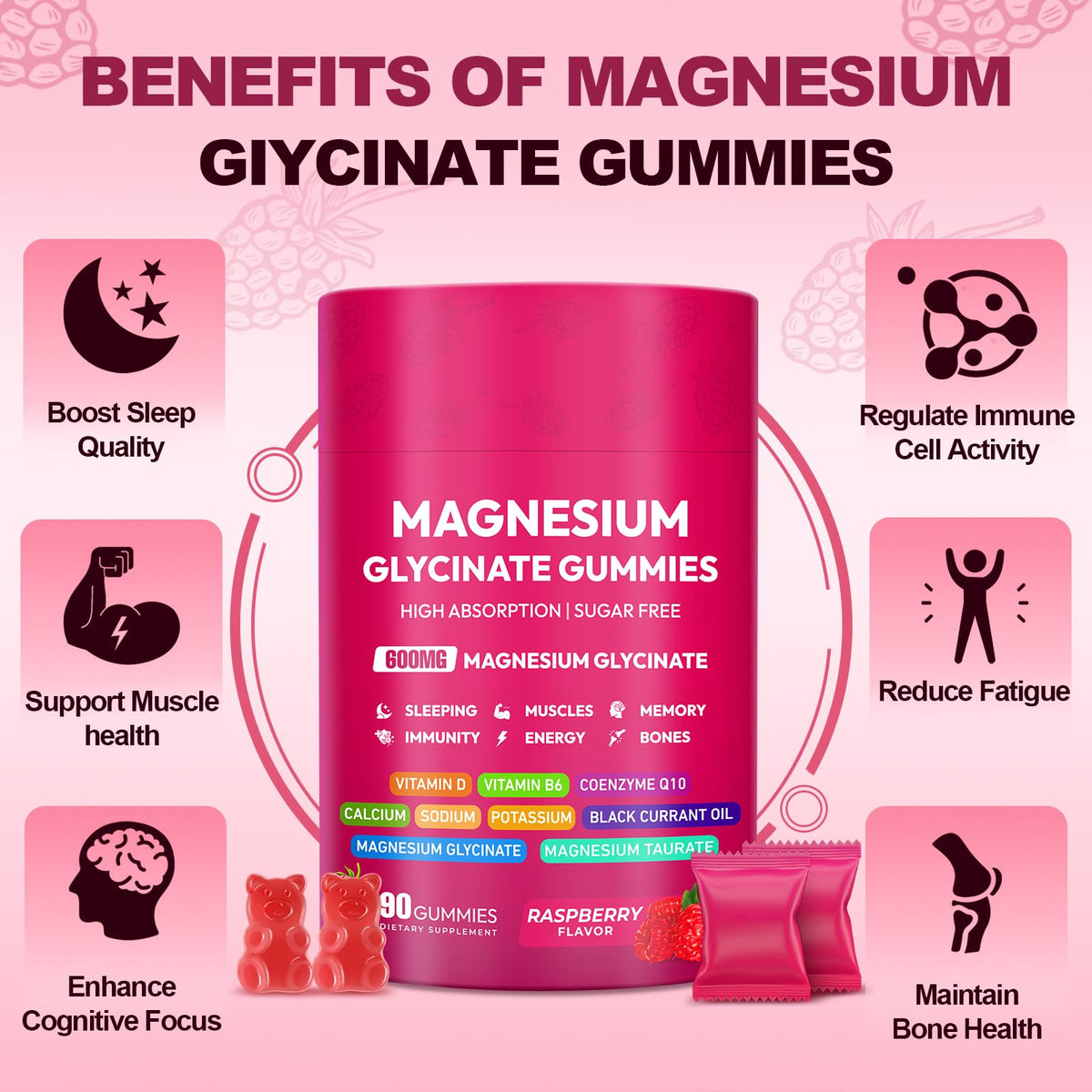Magnesium Glycinate Gummies 600mg, High Absorption Magnesium Complex, Sugar Free Chewables Gummies with VitaminD & B6 - PrimeBioHealth - canada supplements