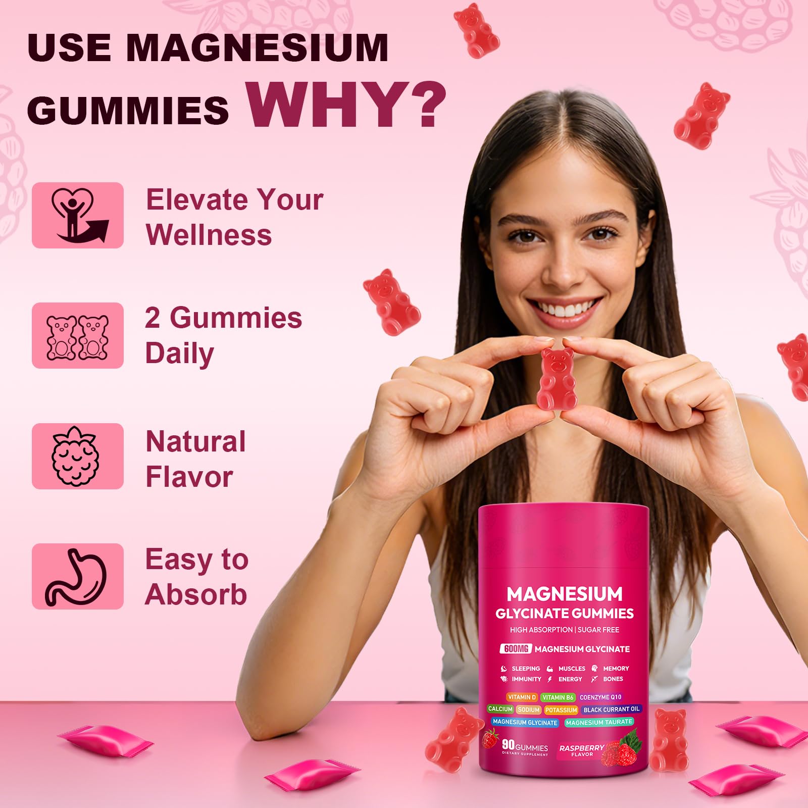 Magnesium Glycinate Gummies 600mg, High Absorption Magnesium Complex, Sugar Free Chewables Gummies with VitaminD & B6 - PrimeBioHealth - canada supplements