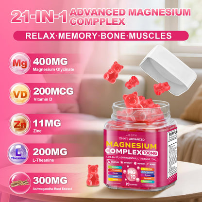Magnesium Glycinate Gummies 700MG - 21-in-1 Advanced Magnesium Supplement with Ashwagandha, L-Theanine, Zinc, Vitamin - Sugar Free Magnesium Gummies for zzZ - PrimeBioHealth - canada supplements