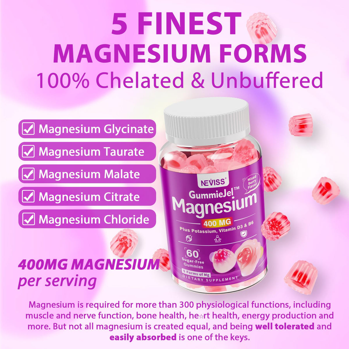Magnesium Gummies 400mg | 5-in-1 Magnesium Complex for Women & Men: Mag Glycinate, Citrate, Malate, Chloride & Taurate | w/Ashwagandha, D3 & Zinc for Relaxtion, - PrimeBioHealth - canada supplements