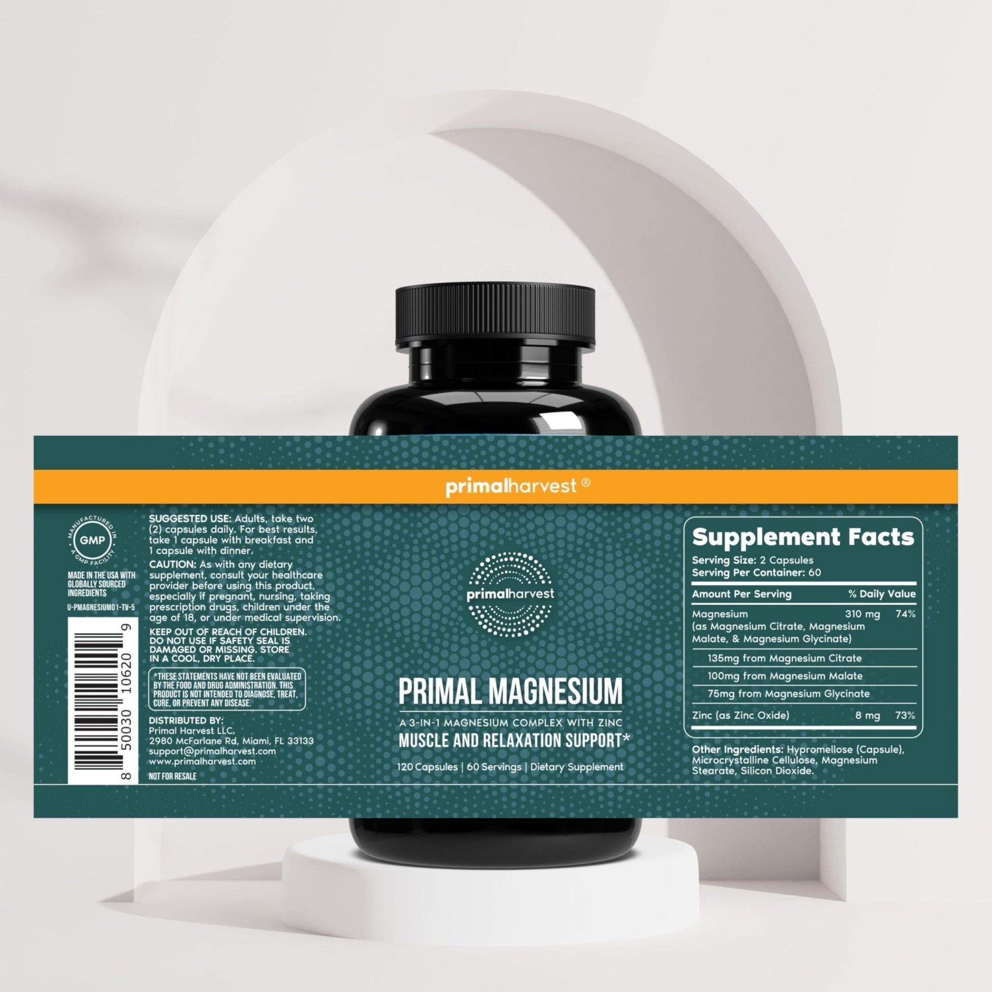 Magnesium Supplement Complex 310mg by Primal Harvest with Magnesium Glycinate, Citrate, Malate, and Zinc 120 Capsules - PrimeBioHealth - canada supplements