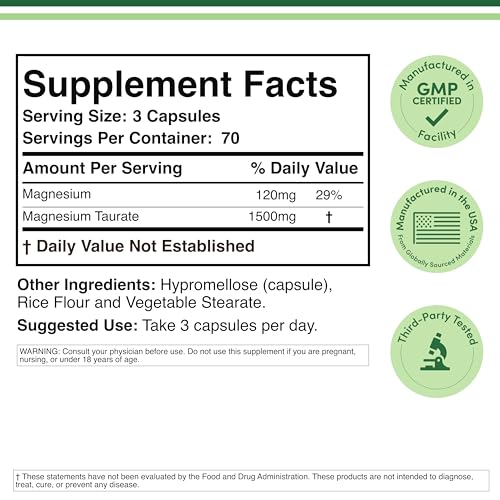 Magnesium Taurate Supplement for Cardiovascular Health to Boost Magnesium Levels (1,500mg per Serving, 210 Vegan Capsules) Non-GMO, Gluten Free - PrimeBioHealth - canada supplements