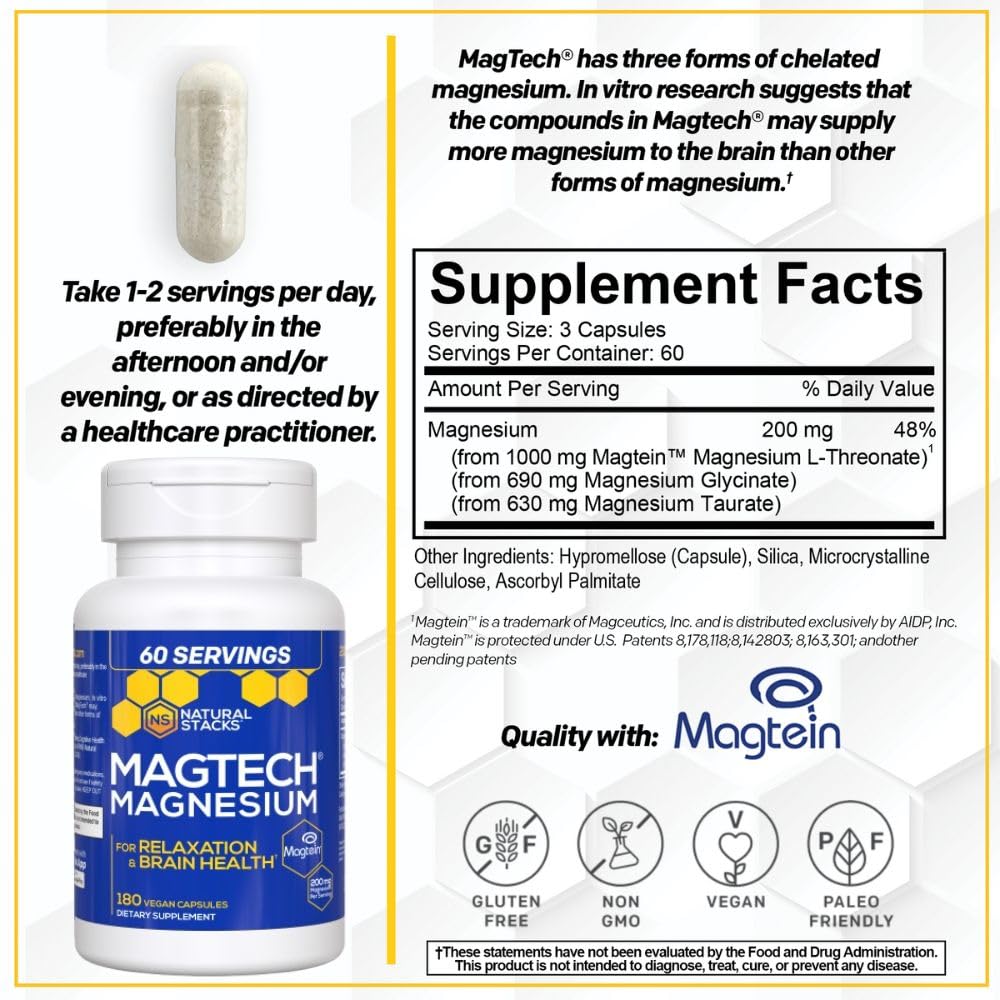 MagTech Magnesium Supplement - 3 Forms of Magnesium: Magtein L-Threonate, Glycinate & Taurate - 200mg Chelated Magnesium Complex - PrimeBioHealth - canada supplements