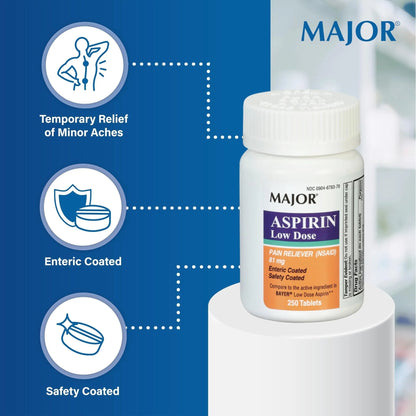 MAJOR Aspirin Low Dose 81 Mg - Pain Reliever (NSAID) - Enteric Coated - 250 Tablets - PrimeBioHealth - canada supplements