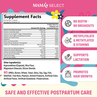 Mama's Select Postnatal Vitamins – Boosts Hair Recovery, Milk Supply, & Wellness – Allergen-Free, Vegan, MTHFR Friendly, Methylated Folate & B Vitamins, - PrimeBioHealth - canada supplements