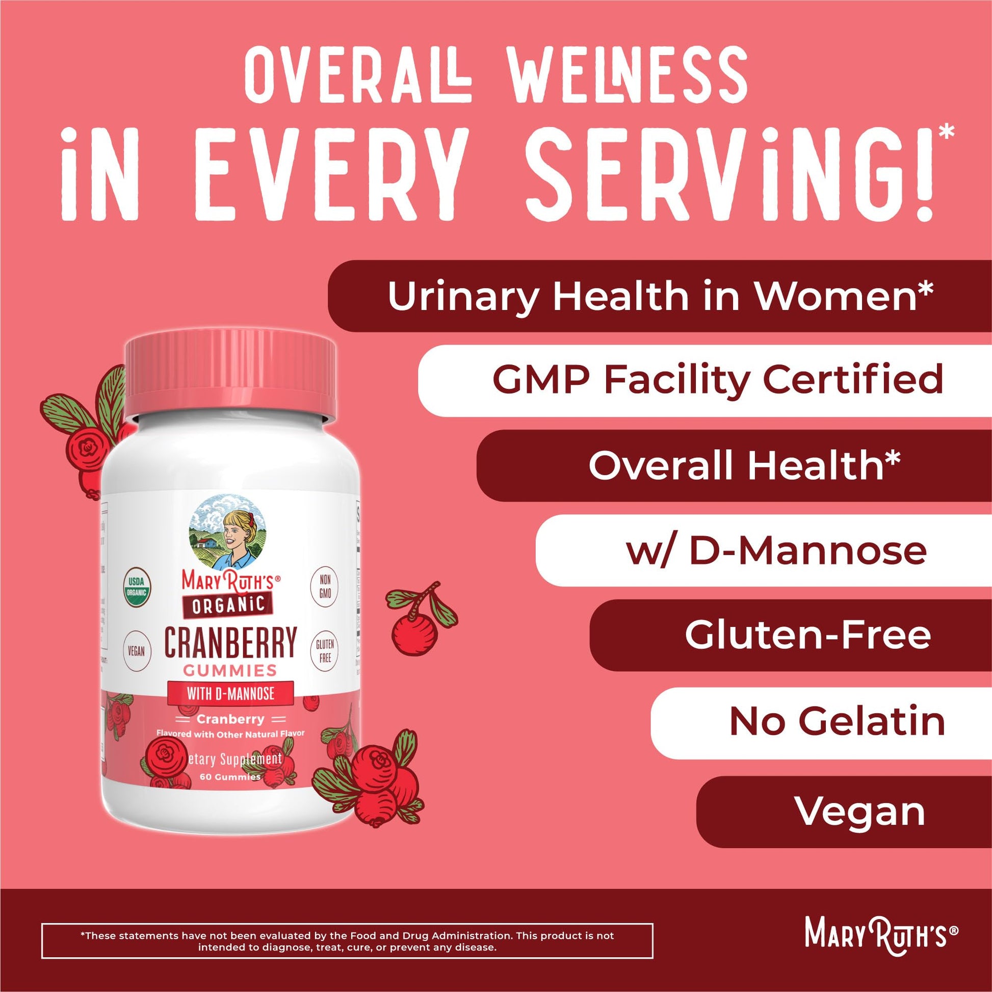 MaryRuth Organics Organic Cranberry Gummies - 500mg Supplement | Urinary Tract Health for Women | with D Mannose | Traditional Use - PrimeBioHealth - canada supplements