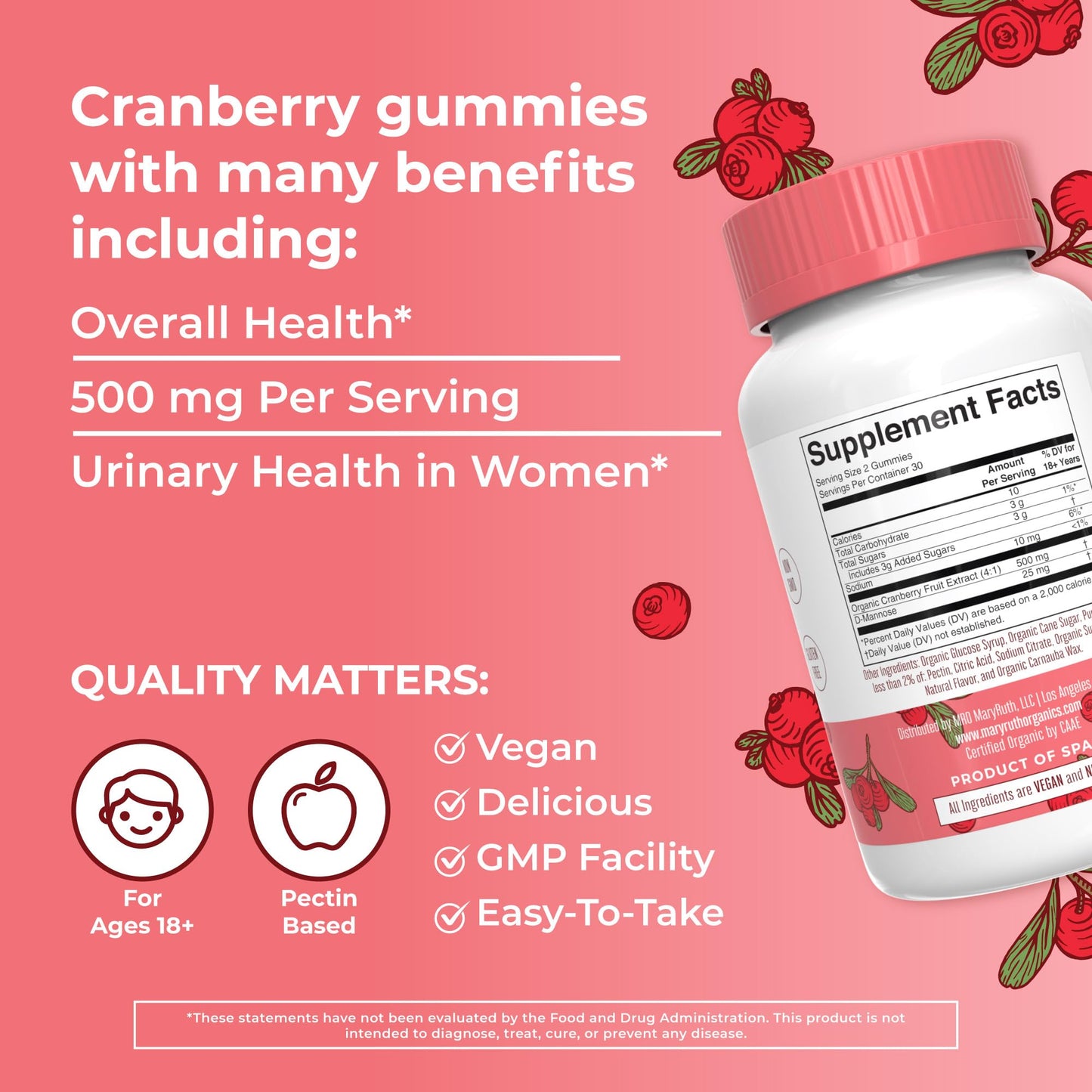 MaryRuth Organics Organic Cranberry Gummies - 500mg Supplement | Urinary Tract Health for Women | with D Mannose | Traditional Use - PrimeBioHealth - canada supplements