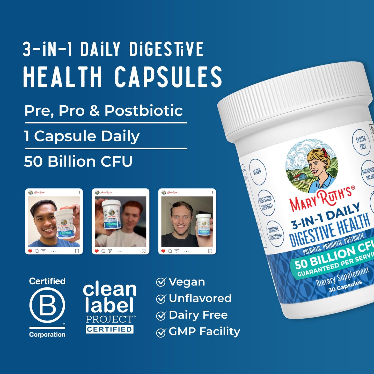 MARYRUTH'S 3-in-1 Probiotics for Digestive Health | Prebiotic & Postbiotic | Gut Health Supplement for Women & Men | 23 Unique Strains - PrimeBioHealth - canada supplements