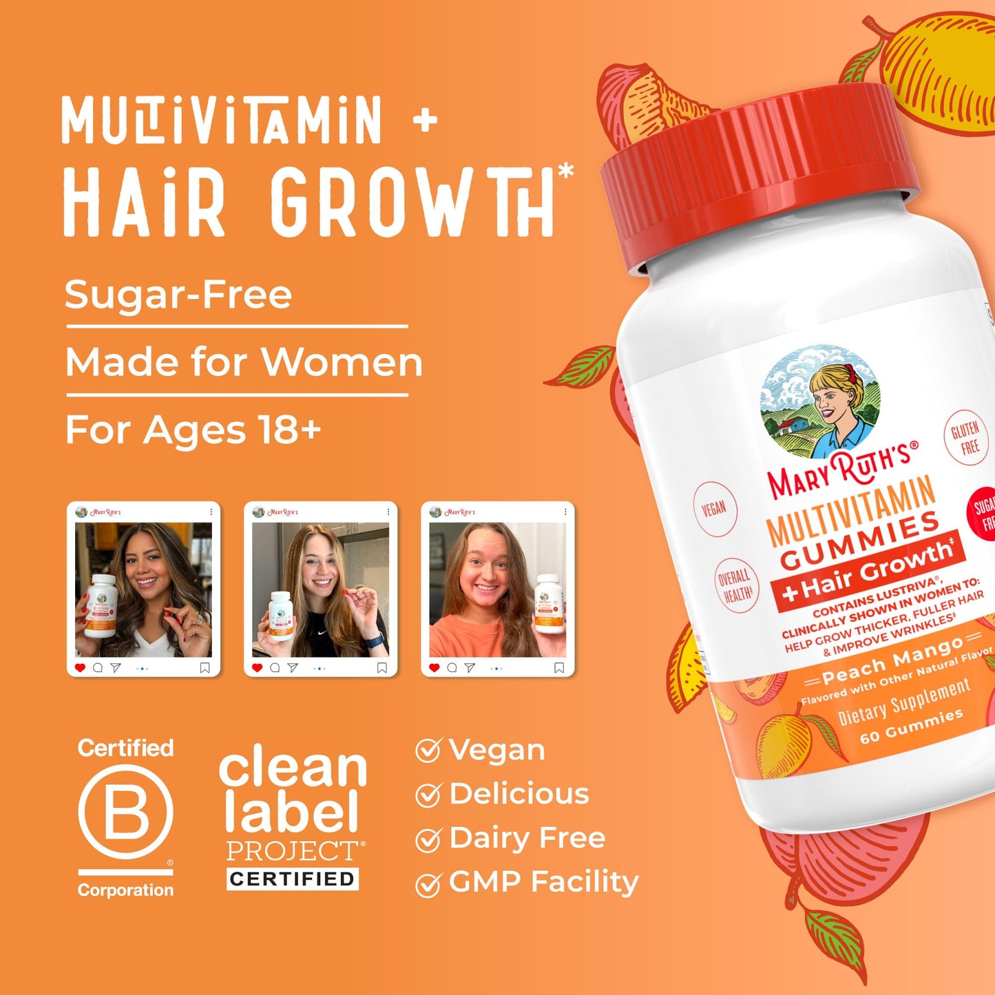 MaryRuth's Multivitamin + Hair Growth Gummies | with Lustriva® | Biotin 10000mcg | B Vitamins | Formulated for Thicker Hair, Wrinkles, Fine Lines, Skin Care | Ages 18+ | 30 Servings - PrimeBioHealth - canada supplements