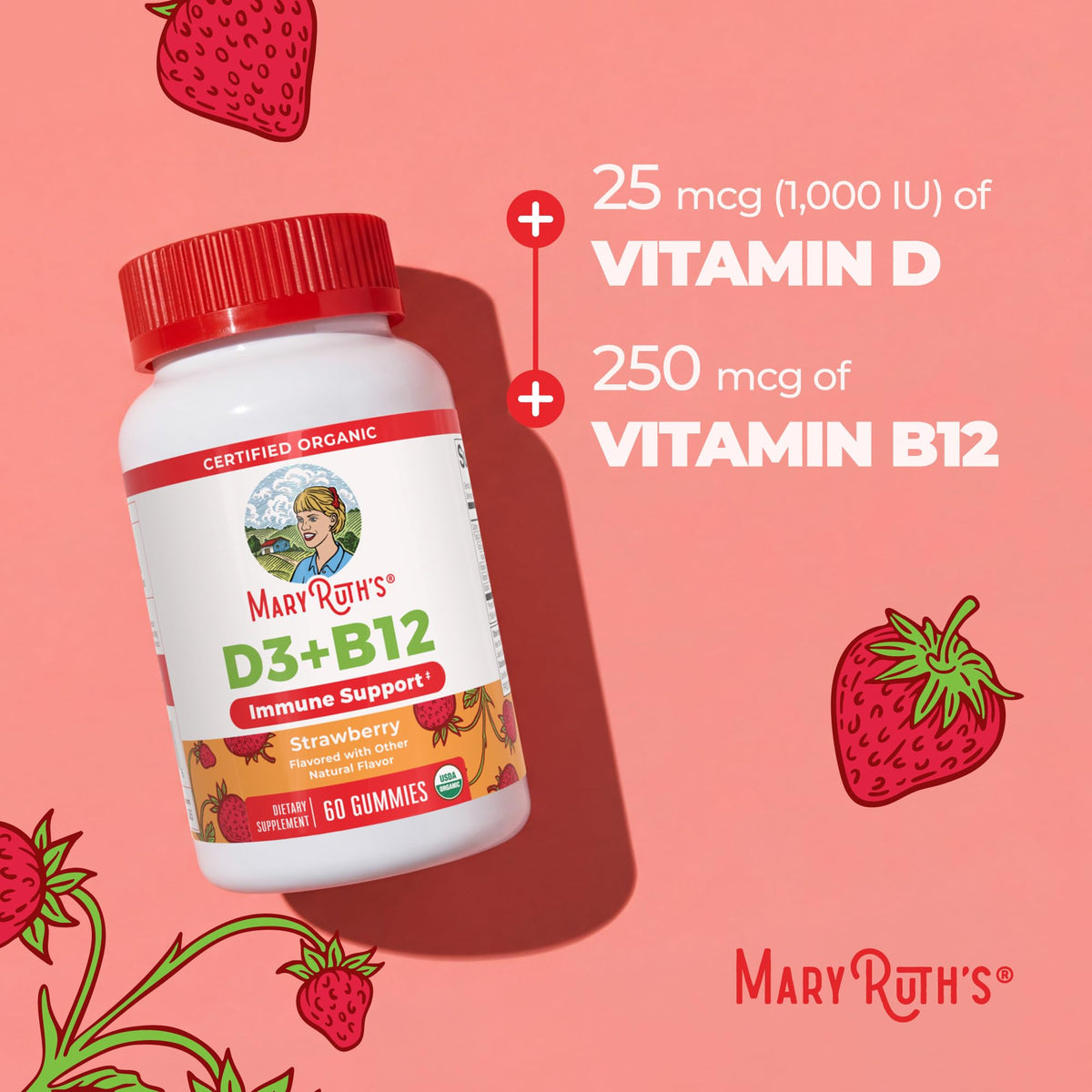 MARYRUTH'S Organic Vitamin D3 + B12 Gummies for Ages 4+ | Bone Health | Immune Support | Energy Metabolism | Cognitive Function | Vegan | Non-GMO - PrimeBioHealth - canada supplements
