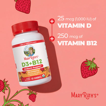 MARYRUTH'S Organic Vitamin D3 + B12 Gummies for Ages 4+ | Bone Health | Immune Support | Energy Metabolism | Cognitive Function | Vegan | Non-GMO - PrimeBioHealth - canada supplements