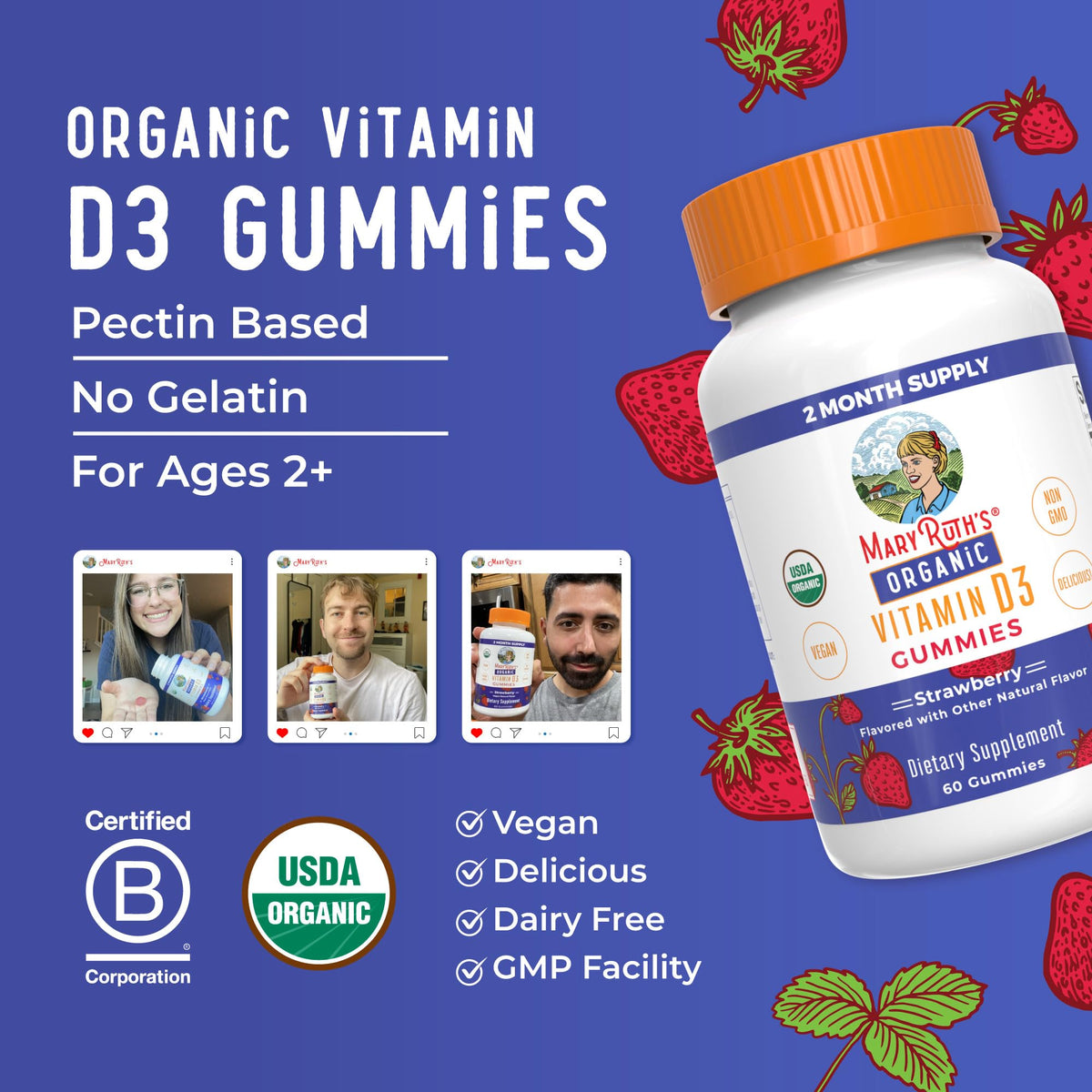 MARYRUTH'S Organic Vitamin D3 Gummies | 1000 IU | USDA Organic | Immune Support| Bone Health | Muscle Function | for Adults & Kids Ages 2+ - PrimeBioHealth - canada supplements