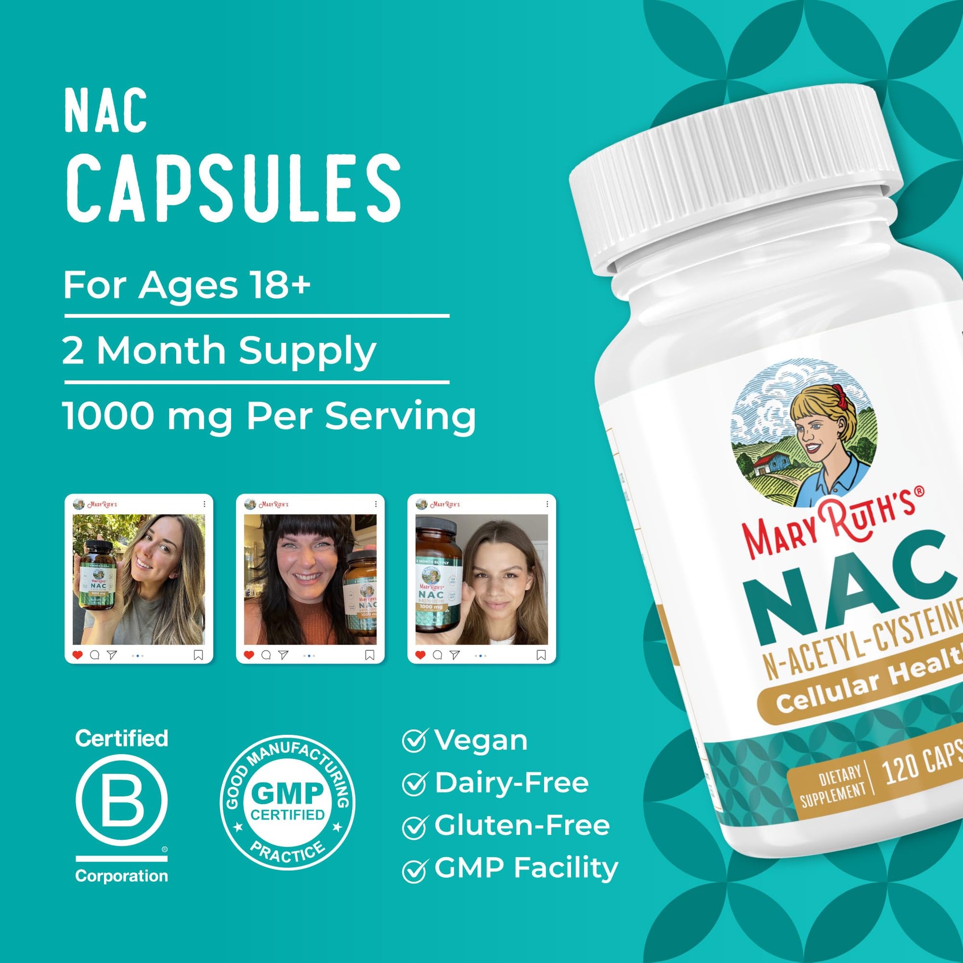 MARYRUTH'S Organics NAC Supplement N-Acetyl Cysteine | 2 Month Supply | NAC 1000mg per Serving | Vegan Capsules | Gluthamine Precursor | Amino Acid - PrimeBioHealth - canada supplements