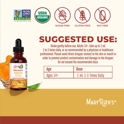 MARYRUTH'S Organics USDA Turmeric Gold Liquid Drops | Herbal Blend | Turmeric Curcumin | Black Pepper | Cassia Cinnamon Bark | Ginger Root | Immune Support - PrimeBioHealth - canada supplements