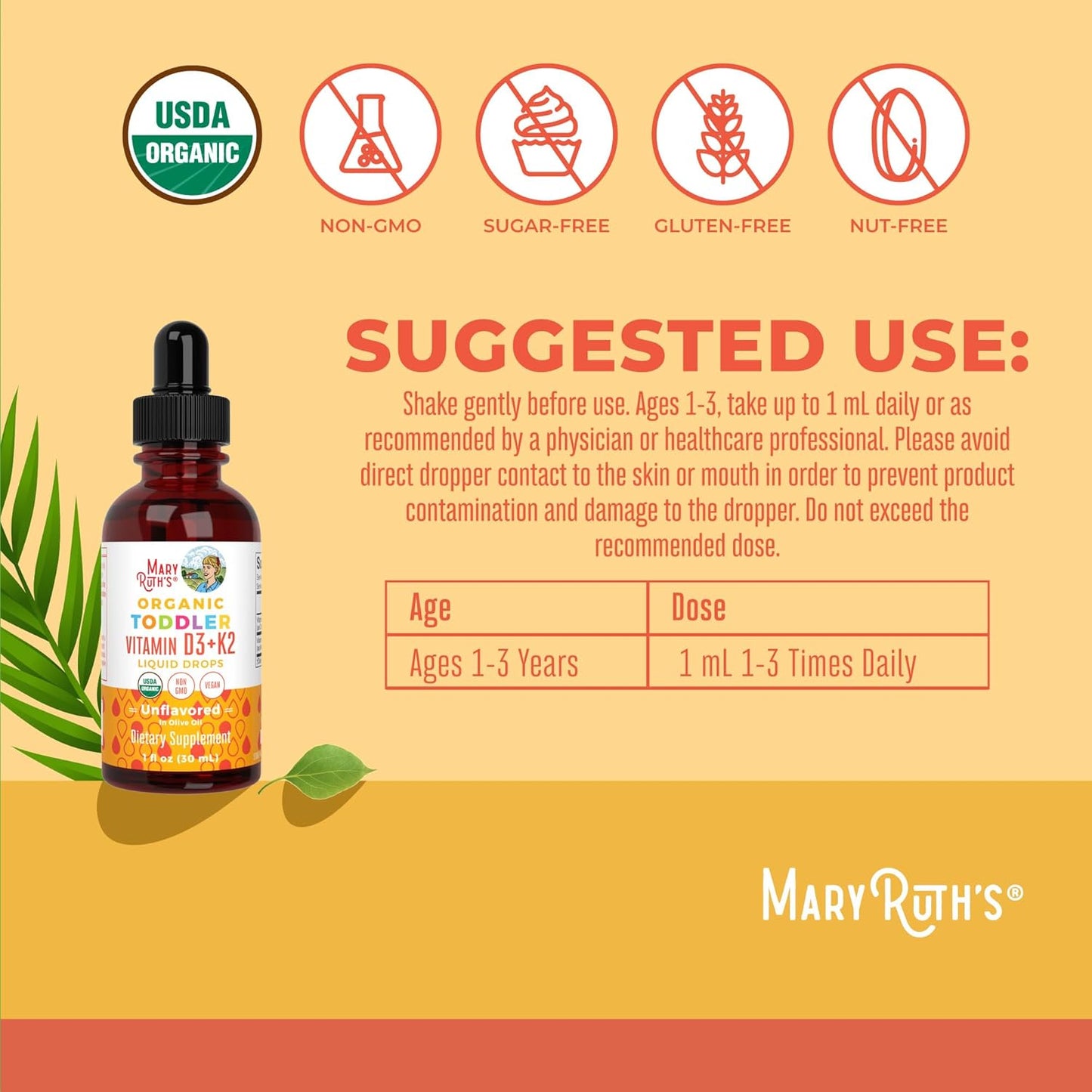 MARYRUTH'S Organics Vitamin D3 | Vitamin K2 | Vitamin D3 K2 Drops | K2 D3 Vitamin Liquid Supplement for Toddlers | Kids Supplement for Calcium Absorption Strong Bones | Vegan | Gluten Free | 1 Fl Oz - PrimeBioHealth - canada supplements