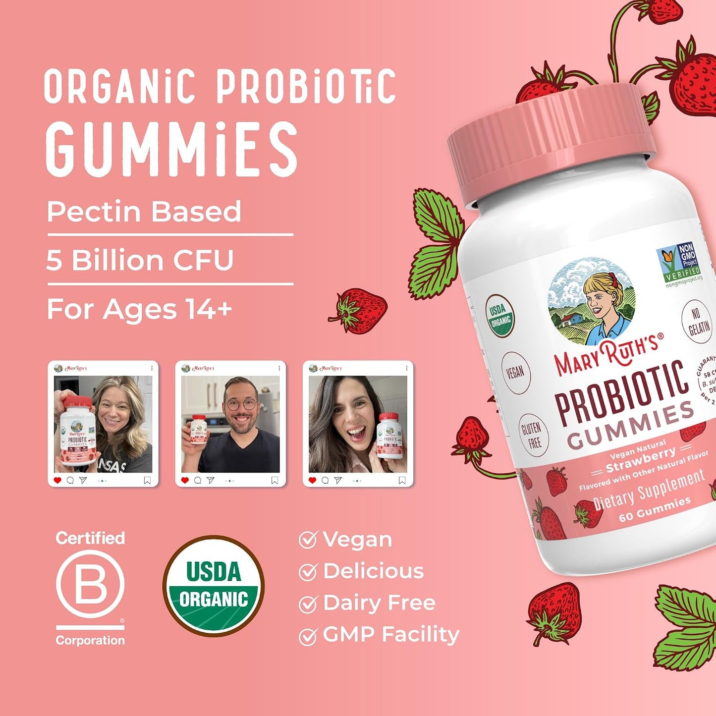 MARYRUTH'S USDA Organic Probiotic Gummies Probiotic Digestive Support | Immune Support | Digestive & Gut Health Supplement | 5 Billion CFU | Vegan | Non-GMO | Gluten Free | 60 Count - PrimeBioHealth - canada supplements