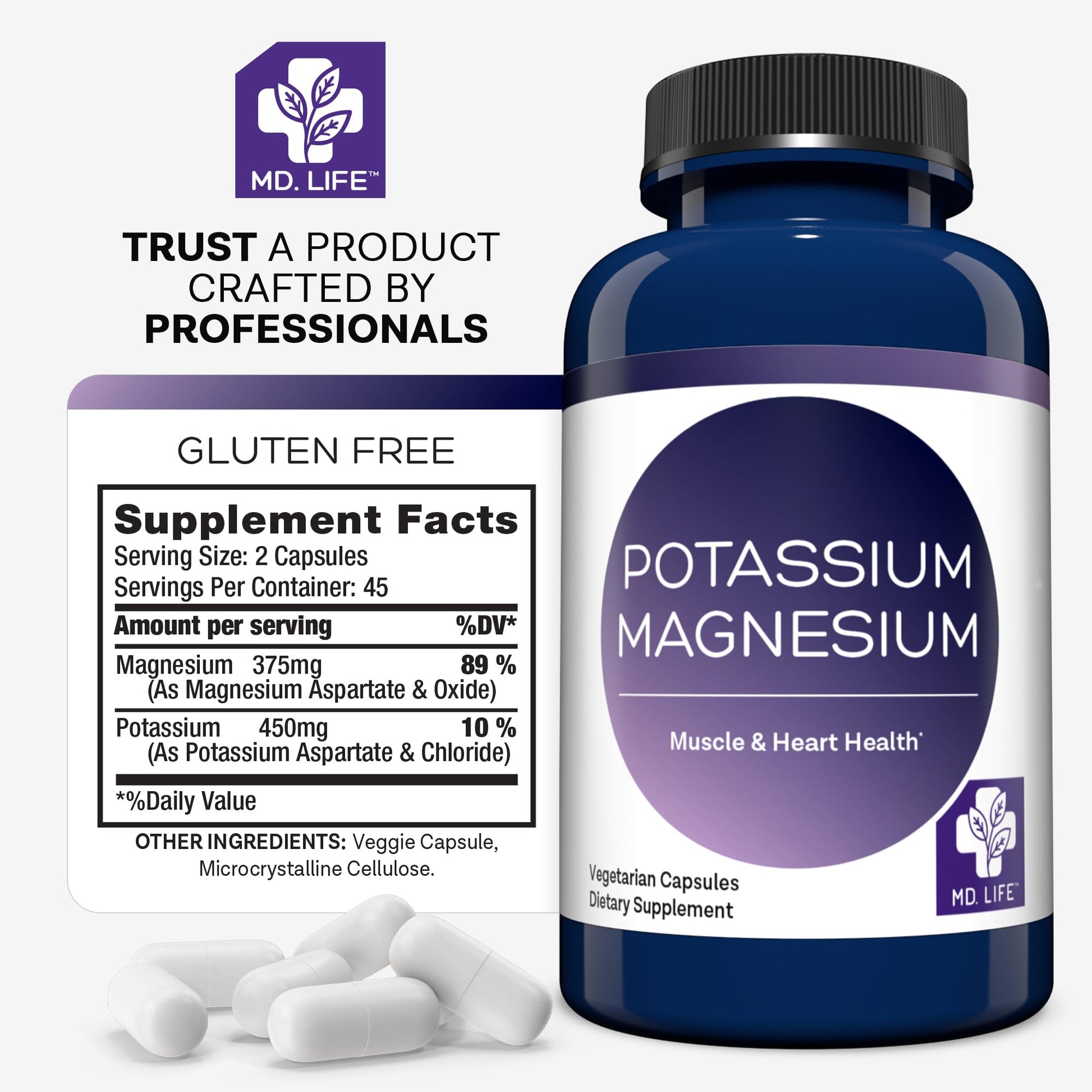 MD. Life Potassium Magnesium Supplement - 90 Capsules - Magnesium Potassium Supplement - High Absorption Complex - PrimeBioHealth - canada supplements