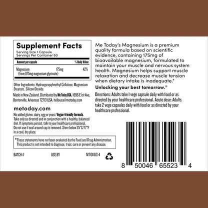 Me Today Magnesium Glycinate Supplement – 175mg High Absorption Magnesium Glycinate Capsule for Muscle Recovery, Nervous System Support, - PrimeBioHealth - canada supplements