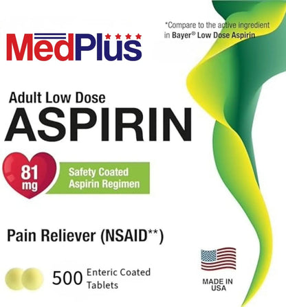 MedPlus Low Dose Aspirin 81 mg - 500 Tablets | Enteric Coated | Pain Reliever for Minor Aches and Pains, Fever Reducer - Made in USA - PrimeBioHealth - canada supplements